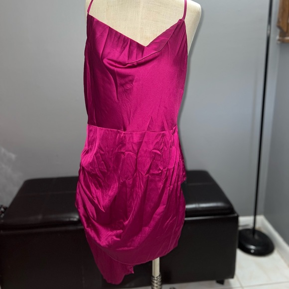 Causing Commotion Magenta Satin Cowl Asymmetrical Mini Dress - Picture 6 of 9